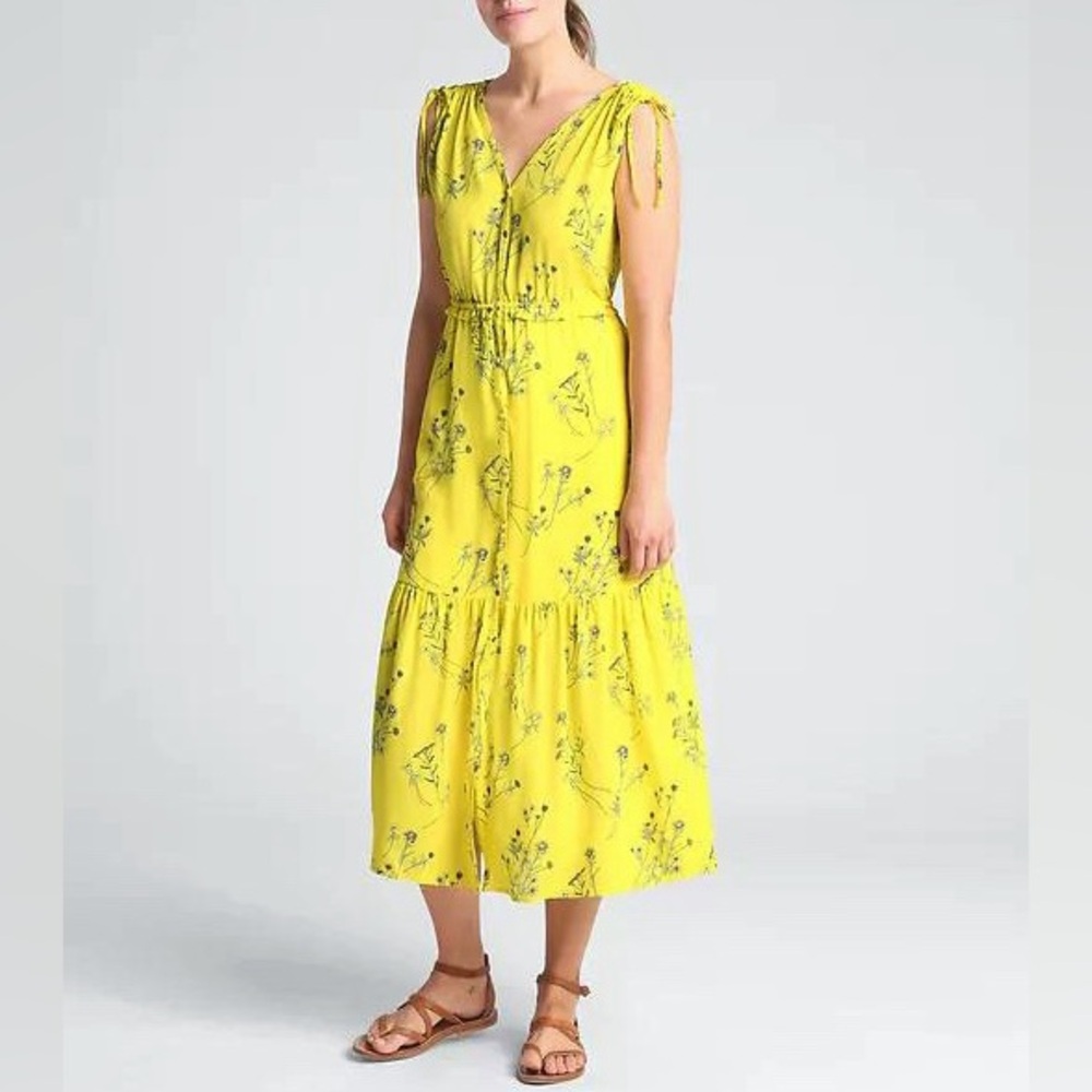 GAP Yellow Sleeveless Floral Print V-Neck Tiered Midi Dress XS